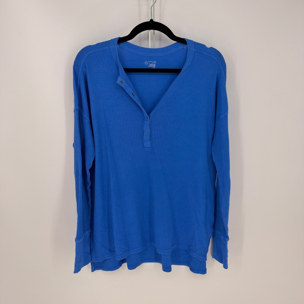 OFFLINE by Aerie Henley Top Women Small Blue Waffle Knit Long Sleeve Casual Cozy